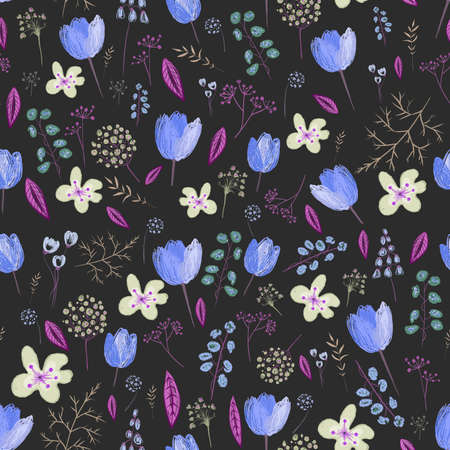 Seamless pattern with spring flowers on black backgroundの写真素材