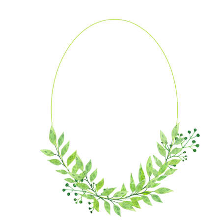 Watercolor oval frame of green leaves on a white backgroundの写真素材