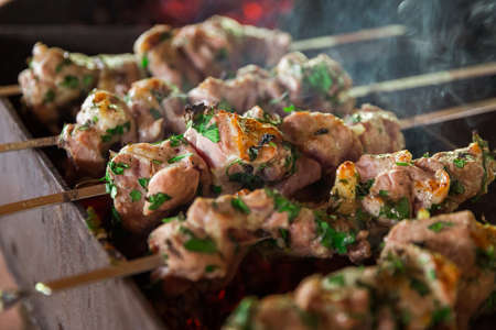 Barbecue skewers with meat, herb and spiceの写真素材