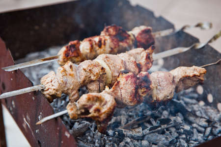 Barbecue skewers with meat, herb and spiceの写真素材