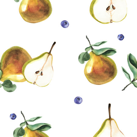 Watercolor pears and blueberries. Drawn by hand. Seamless pattern. Textile, wrapping paper.の写真素材