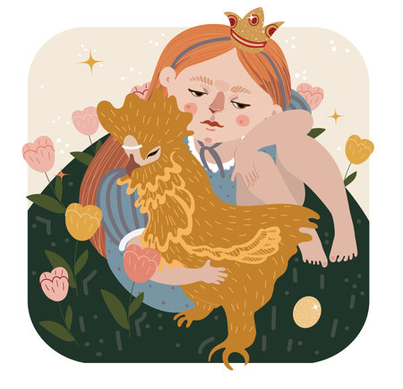 Beautiful cartoon pattern with chicken, egg, girl vector yellow on white background.Funny illustration. White farm animal. spring decoration. beautiful abstract background.のイラスト素材