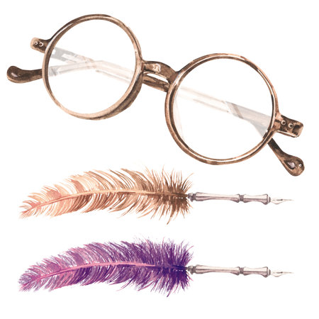 Vintage glasses and beautiful feathers on a white background. watercolor illustration. Set for decorating postcards, business cards, letters.の写真素材
