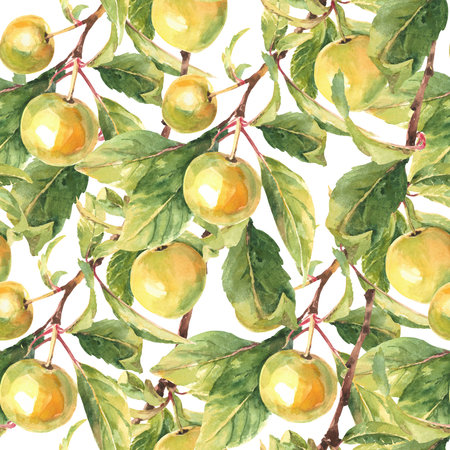 Seamless pattern beautiful apple tree branches with yellow apples. watercolor illustrationの写真素材