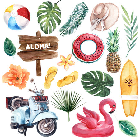 Summer vacation illustration set. watercolor drawing. isolated object. Summer vacation in a tropical resort. Drawing for the design of souvenirs, postcards, posters and invitations.の写真素材