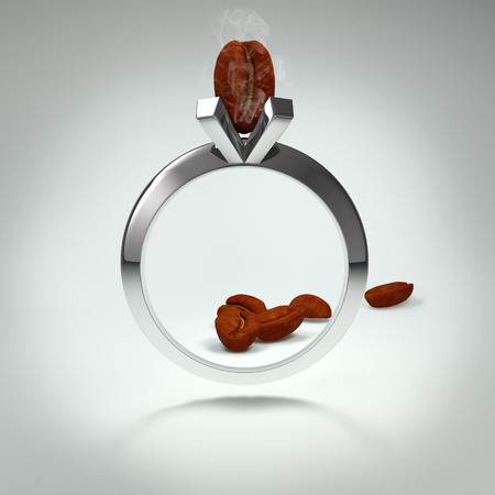 Ring inlaid with coffee bean. The great popularity and high quality coffee worldwide concept. It's better to use for promotion, booklet's or flyer's design on white background. 3D rendering.の写真素材