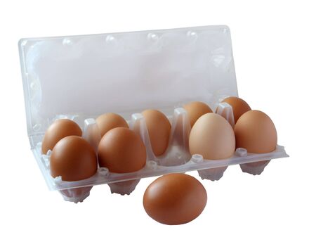 Ten of brown eggs in packing on a white background