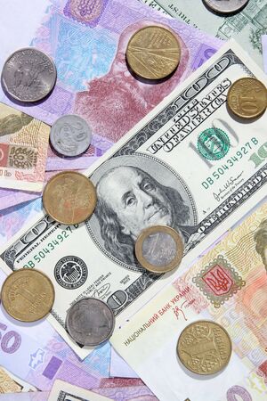 Ukrainian and American money is a background, texture, backgroundの写真素材