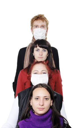 People in masks, ill flu, A(H1N1). Focus is on sick girl. on the white backgroundの写真素材