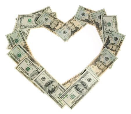 Heart of the money on the white background, to the day of Sainted Valentineの写真素材