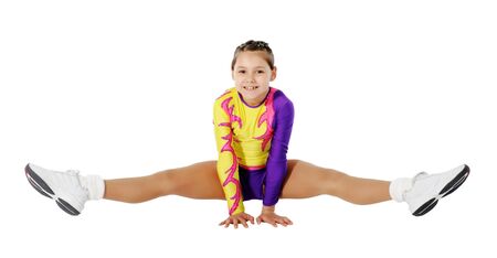 Speech by the young athlete aerobics on the white backgroundの写真素材