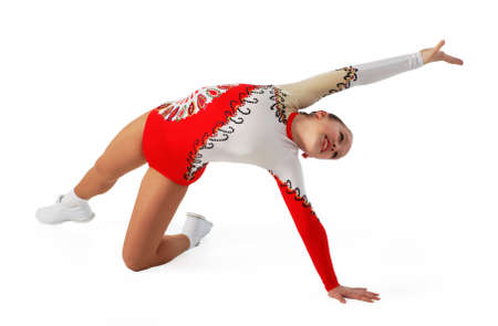 Speech by the young athlete aerobics on the white backgroundの写真素材