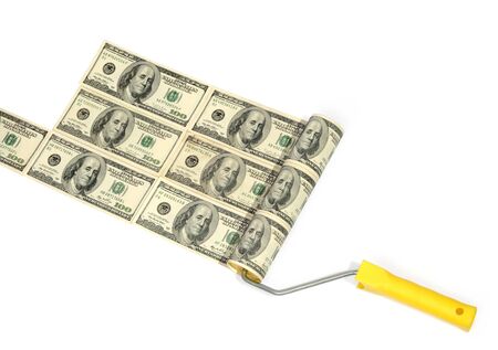 Roller brush with dollar paint on white backgroundの写真素材