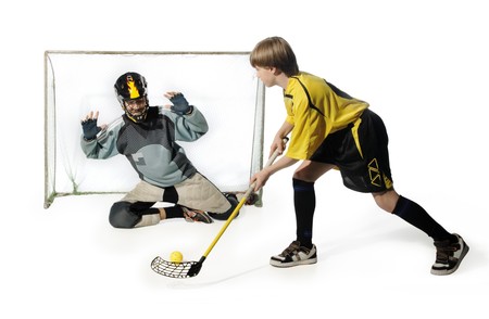 floorball player and goalkeeper on the white backgroundの写真素材