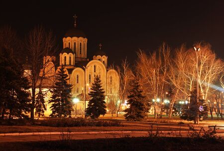 Night Cathedral lit lanterns, Makeevka, Ukraineの写真素材