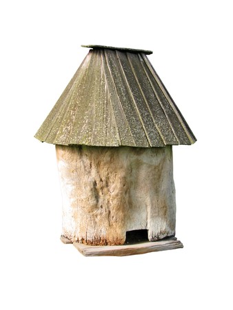 Old wooden bee hive on the white backgroundの写真素材