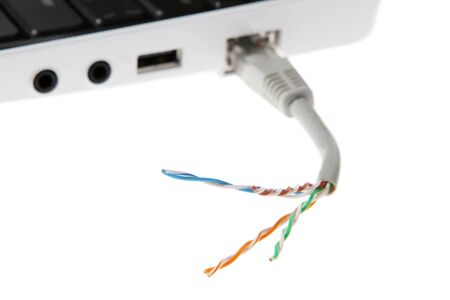 torn network cable closeup, patch cable on the white backgroundの写真素材
