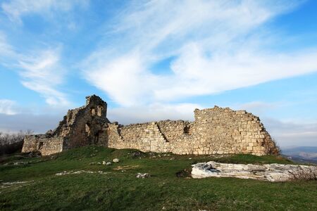 Movement of the clouds on the mountain  Crimea  Ukraine  Plateau Baba-Dag  Cave city Mangup-Kale  Citadel, XIV-XVIII centuriesの写真素材