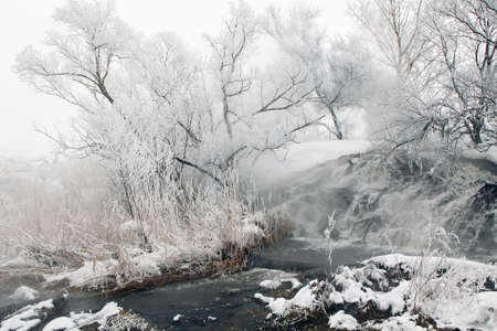 Frozen stream with waterfall and icicles in the winter, Ukraine  の写真素材