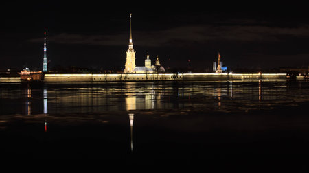 Night view of the Peter and Paul Fortress, St. Petersburg, Russia.のeditorial素材