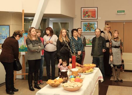 DONETSK - APRIL 9: Opening of the exhibition dedicated to the celebration of Easter "Easter joy" in ArtDonbass in Donetsk. April 9, 2015 in Donetskのeditorial素材