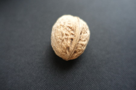Single whole unpeeled walnut on black fabric
