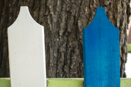 Close up of white and blue picketsの写真素材