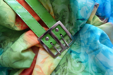 Metallic buckle and green belt on rayonの写真素材