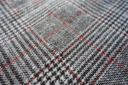 Close view of gray and red Glen check fabric