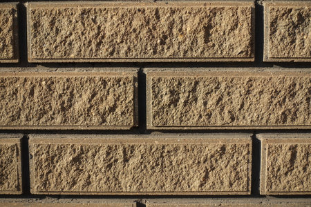 Macro of sand brown split face brick veneer wall with stretcher bond