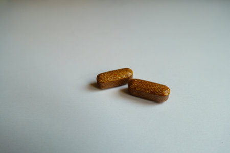 brown caplets of iron dietary supplement (two items)の写真素材