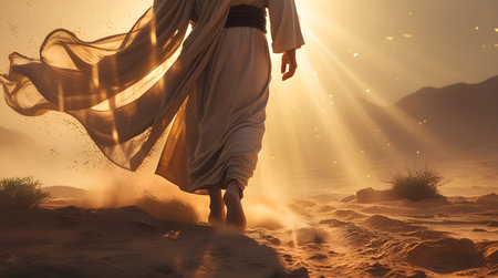 Arab man standing on the top of a rock in the middle of the desertの素材