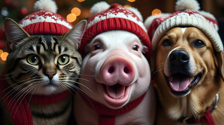 Lion and lamb on a black background. Portrait of a lion and lamb.の素材