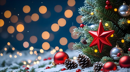 Christmas tree with red star decoration on snow with bokeh backgroundの素材