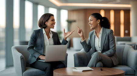 Smiling businesswomen sitting in office lobby, talking and using laptopの素材