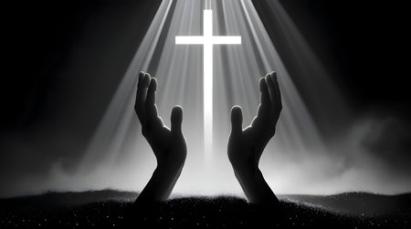 Silhouette of hands holding a cross in front of a dark backgroundの素材