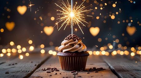 Cupcake with sparkler on wooden background with bokeh lightsの素材