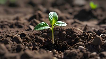 Green seedling illustrating concept of new life and natural growing from seedの素材