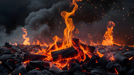 Burning coals in a bonfire. Close-up.の素材
