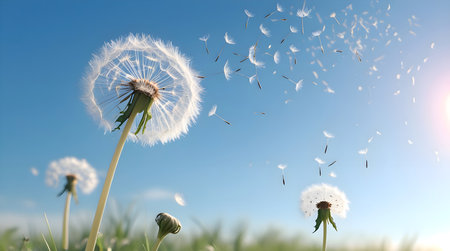 Dandelion seeds flying in the blue sky. 3d renderingの素材
