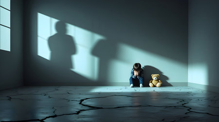 Little sad girl sitting on the floor with teddy bear in roomの素材
