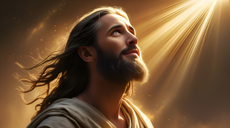 Handsome Jesus Christ on golden background with rays of light.の素材