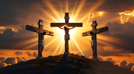 Jesus Christ on the cross on the sky background. 3d renderの素材