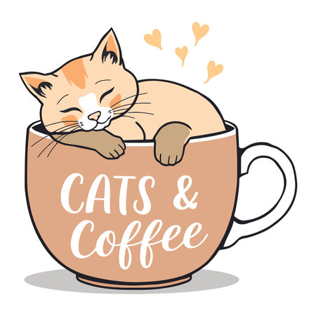 Cute cat sleeping in a cup of coffee. Cute cartoon vector illustration.のイラスト素材
