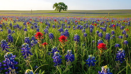 Sunset over a field of bluebonnets and wildflowersの素材
