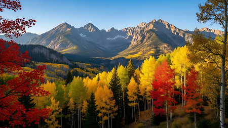 Colorful autumn alpine scene with yellow, green and red aspens and snow covered mountains.の素材