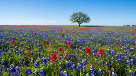 Field of bluebonnets and red poppies with a tree in the backgroundの素材