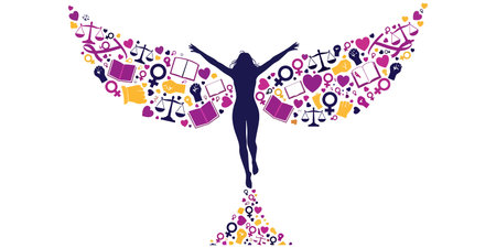 Angel with social media icons and symbols. Silhouette of a woman on a white background.のイラスト素材