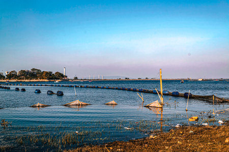 Fishing nets submerged in Patratu Lake, Patratu Valley Water Landscape, Indiaの写真素材