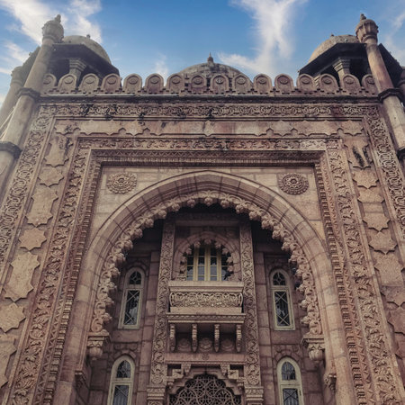 Ornate Stone Facade of a Historic indo- Sarascenic Building, Chennai, Tamil Nadu.の写真素材